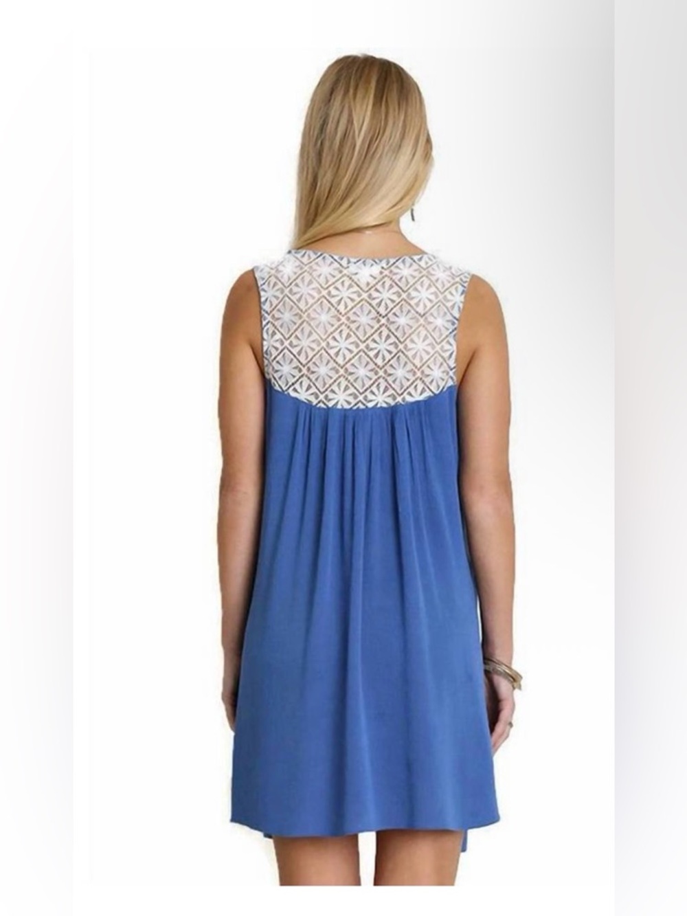 Umgee Lace Cream & Blue boho stye short dress with pockets - Picture 10 of 10